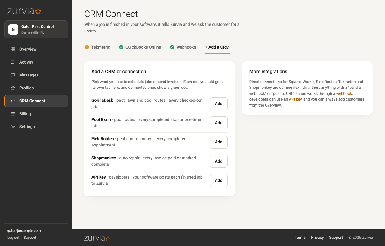 The CRM Connect page in Zurvia with the software you can connect